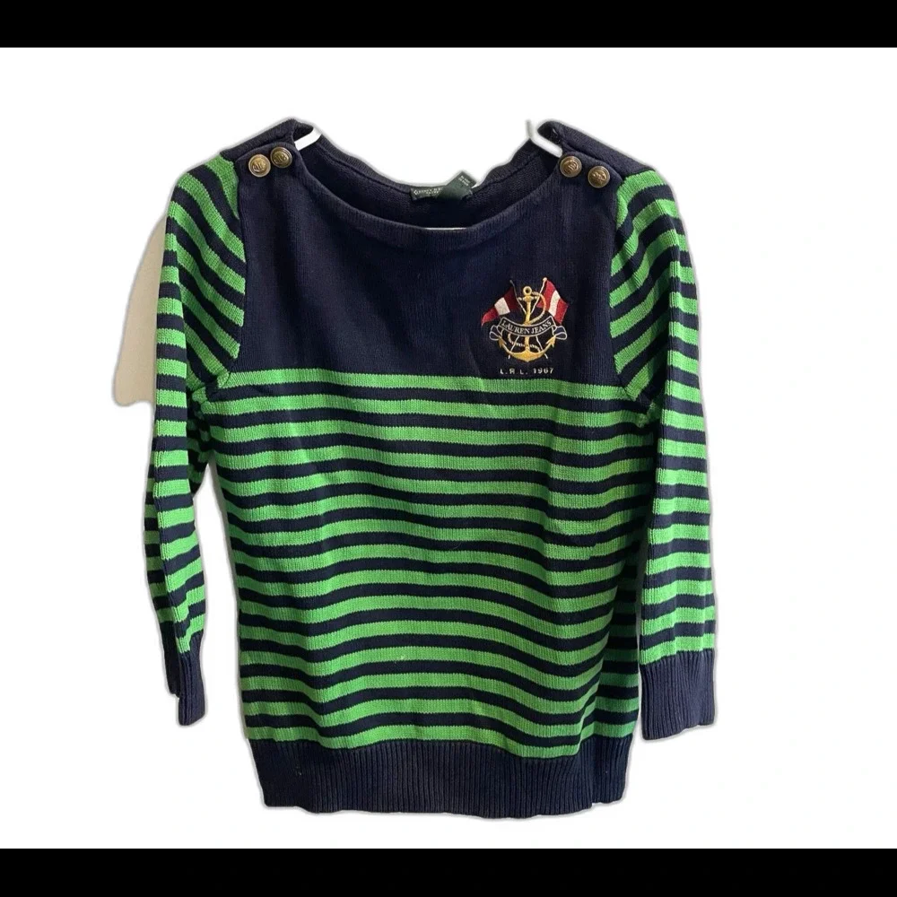 Vtg Ralph Lauren Nautical Green Sweater L Blue Stripe Embroider Preppy Fisherman - Picture 1 of 9